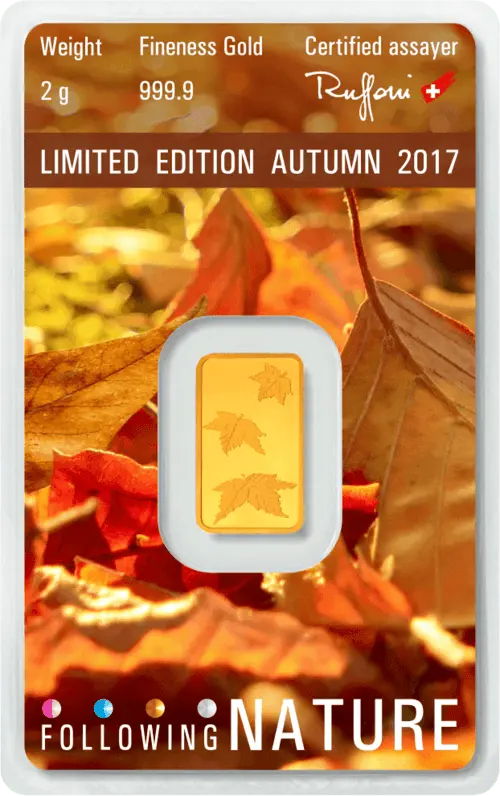 Rückseite Goldbarren Following Nature Limited Edition Autumn 2017 2 Gramm, der Hersteller Argor-Heraeus