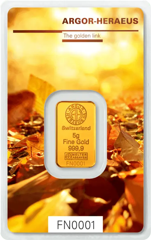 Vorderseite Goldbarren Following Nature Limited Edition Autumn 2017 5 Gramm, der Hersteller Argor-Heraeus