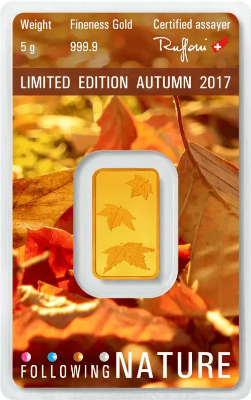 Rückseite Goldbarren Following Nature Limited Edition Autumn 2017 5 Gramm, der Hersteller Argor-Heraeus