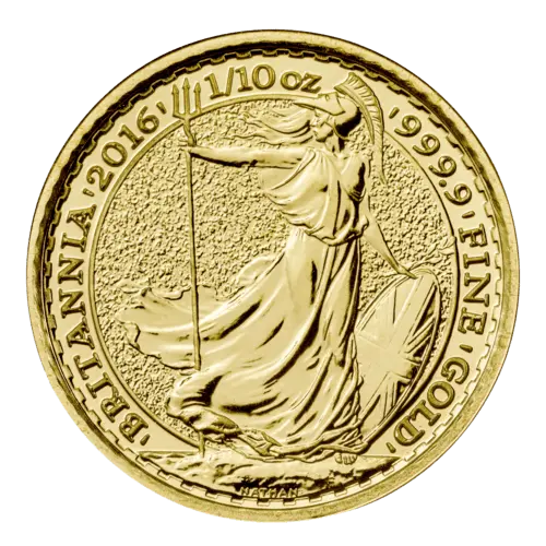 Vorderseite Goldmünze 1/10 Unze Britannia diverse Jahrgänge, der Hersteller Royal Mint