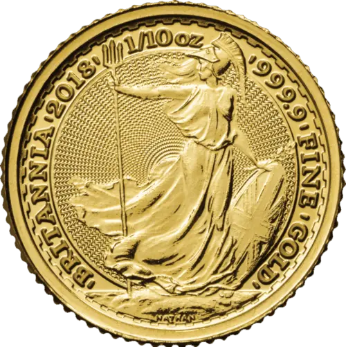 Vorderseite Goldmünze 1/10 Unze Britannia diverse Jahrgänge, der Hersteller Royal Mint