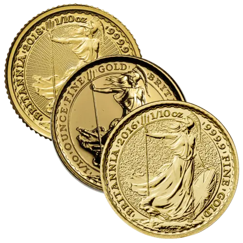 Vorderseite 3 Goldmünzen 1/10 Unze Britannia diverse Jahrgänge, der Hersteller Royal Mint