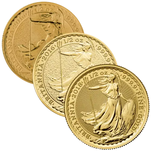 Vorderseite 3 Goldmünzen 1/2 Unze Britannia diverse Jahrgänge, der Hersteller Royal Mint