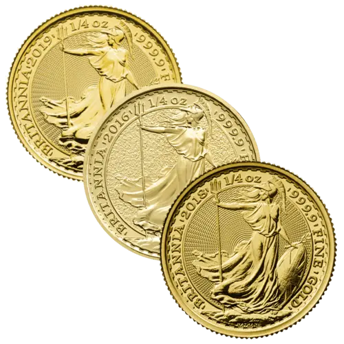 Vorderseite 3 Goldmünzen 1/4 Unze Britannia diverse Jahrgänge, der Hersteller Royal Mint