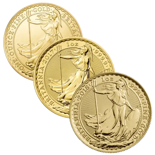 Vorderseite 3 Goldmünzen 1 Unze Britannia diverse Jahrgänge, der Hersteller Royal Mint