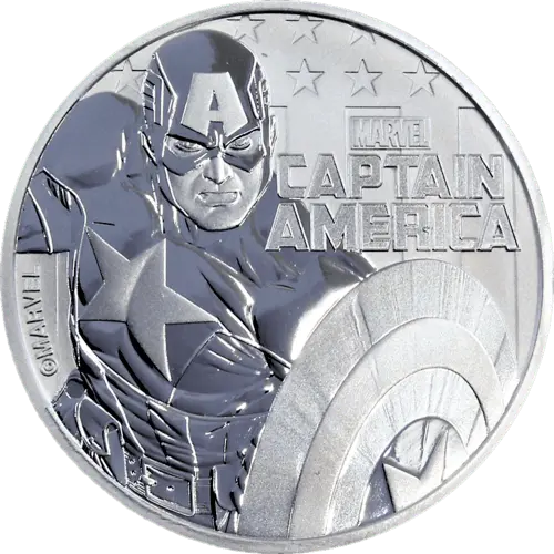 Vorderseite der 1 Unze Silber Marvel Captain America 2019 von Hersteller Perth Mint