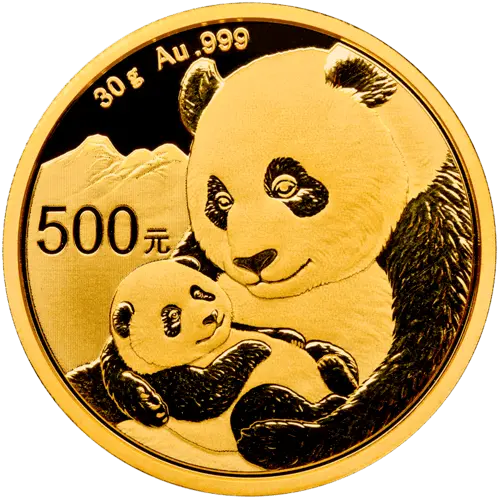 Vorderseite Goldmünze 30 Gramm China Panda 2019, der Hersteller China Mint / China Gold Coin Inc./ Shanghai Mint 