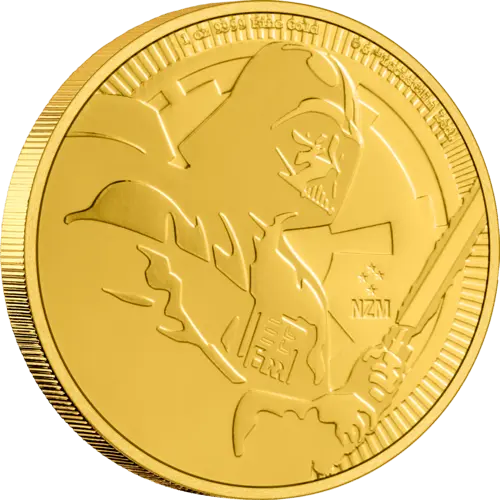 Seitenansicht Vorderseite Goldmünze 1 Unze Star Wars Darth Vader 2020, der Hersteller New Zealand Mint