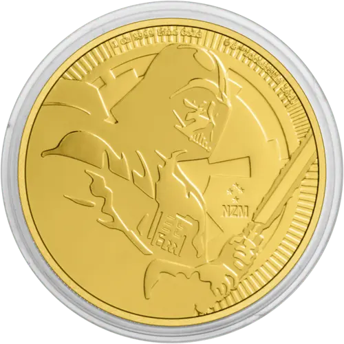 Vorderseite Goldmünze 1 Unze Star Wars Darth Vader 2020 in einem Münzkapsel, der Hersteller New Zealand Mint