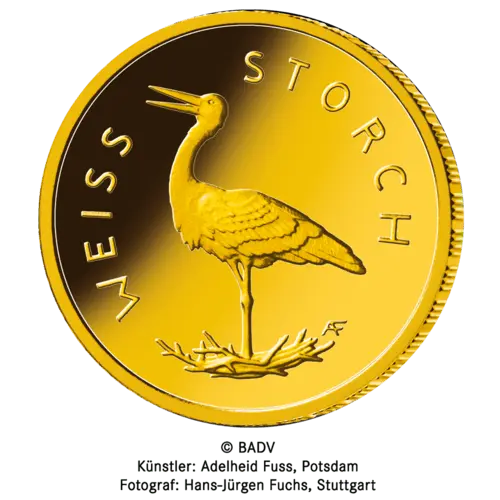 Vorderseite Goldmünze 1/8 Unze 20 Euro Heimische Vögel Weißstorch 2020, der Hersteller Münze Deutschland