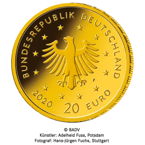 Rückseite Goldmünze 1/8 Unze 20 Euro Heimische Vögel Weißstorch 2020, der Hersteller Münze Deutschland