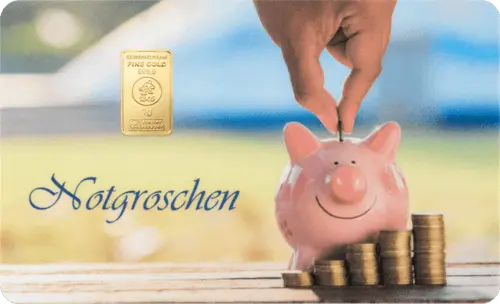 Vorderseite Goldbarren FineCard Notgroschen 1 Gramm, der Hersteller Heimerle & Meule