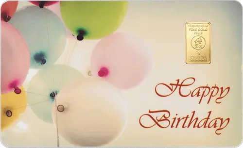 Vorderseite Geschenkgoldbarren FineCard Happy Birthday 1 Gramm, der Hersteller Valcambi