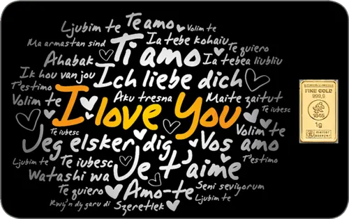 Vorderseite Goldbarren FineCard I Love You 1 Gramm, der Hersteller Heimerle & Meule