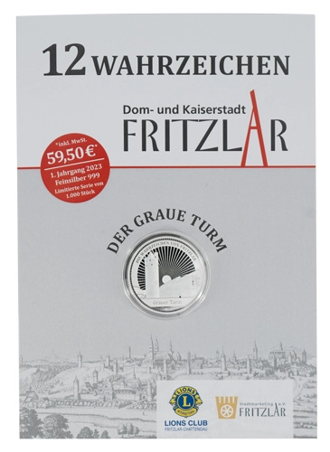 1 Unze Silbermedaille Fritzlar Grauer Turm 2023 Verpackung Vorderseite