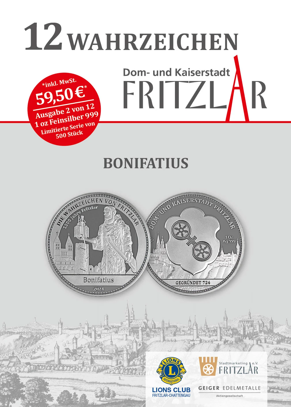 1 Unze Silbermedaille Fritzlar Bonifatius 2024 Klappkarte Vorderseite