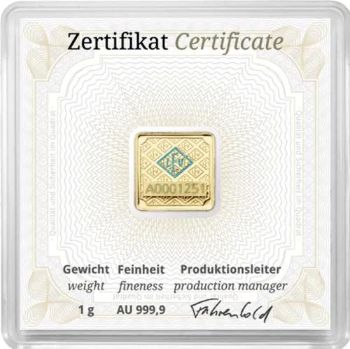 Rückseite Goldbarren original 1 Gramm in Sicherheitskapsel inkl. Echtheitszertifikat, der Hersteller Geiger Edelmetalle AG