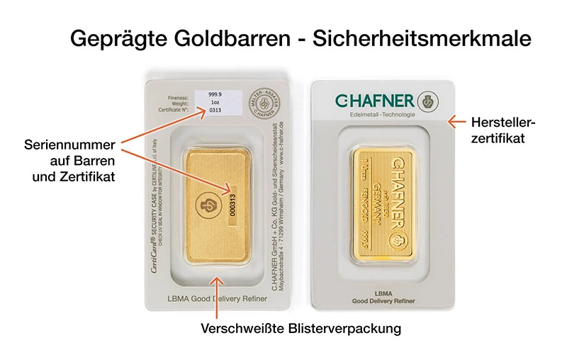 Geprägte Goldbarren - Sicherheitsmerkmale