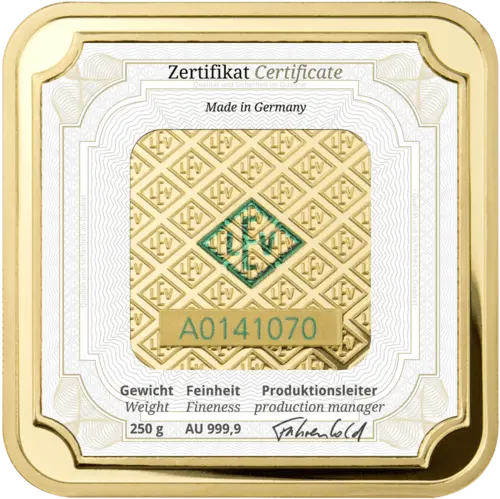 Echtheitszertifikat für Goldbarren 250 Gramm, der Hersteller Geiger Edelmetalle AG