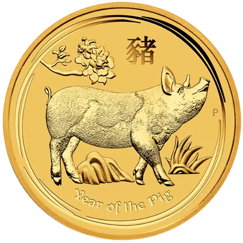 Vorderseite Goldmünze 1/4 Unze Lunar II Schwein 2019, der Hersteller Perth Mint Australia