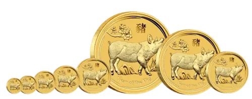 Vorderseite von der Gruppe der Goldmünzen 2 Unzen Lunar II Schwein 2019, der Hersteller Perth Mint Australia