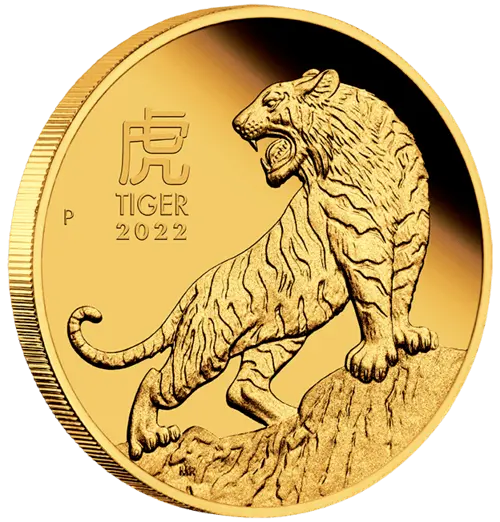 Seitenansicht Goldmünze 1/10 Unze Lunar III Tiger 2022, der Hersteller Perth Mint Australia