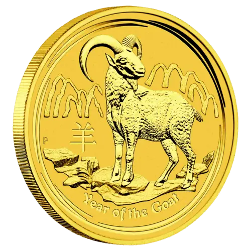 Seitenansicht Vorderseite Goldmünze 1 Unze Lunar II Ziege 2015, der Hersteller Perth Mint Australia