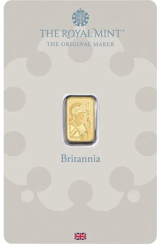 Vorderseite Goldbarren Britannia 1 g in spezieller Blisterkarte mit Zertifikat, der Hersteller Royal Mint