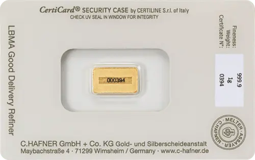 Rückseite Goldbarren 1 Gramm in spezieller Blisterkarte mit Zertifikat, der Hersteller C. Hafner