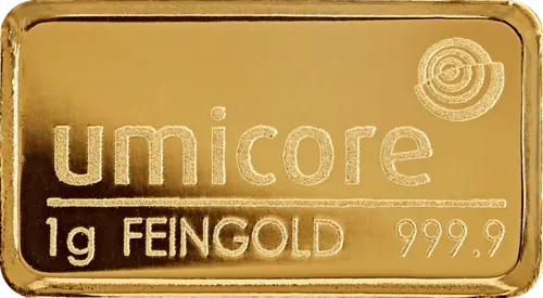 Vorderseite Goldbarren 1 Gramm, der Hersteller Umicore