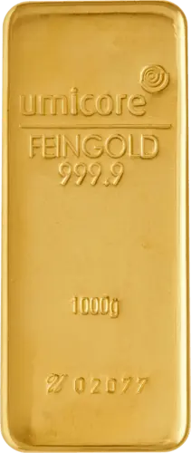 Vorderseite Goldbarren 1 Kilogramm, der Hersteller Umicore