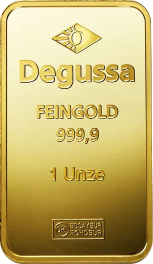 Vorderseite Goldbarren 1 Unze, der Hersteller Degussa