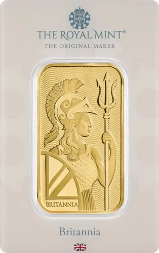 Vorderseite Goldbarren Britannia 1 Unze in spezieller Blisterkarte mit Zertifikat, der Hersteller Royal Mint