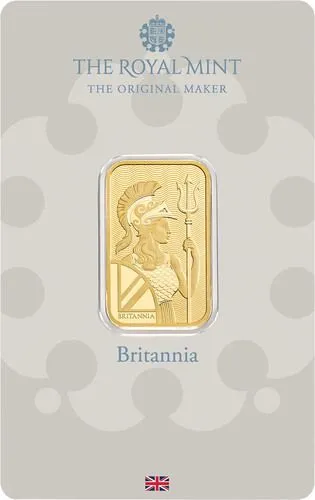 Vorderseite Goldbarren Britannia 10 g in spezieller Blisterkarte mit Zertifikat, der Hersteller Royal Mint