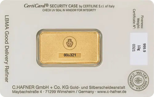 Rückseite Goldbarren 10 Gramm in spezieller Blisterkarte mit Zertifikat, der Hersteller C. Hafner