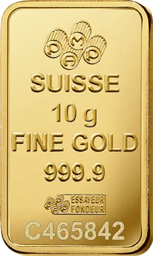 Rückseite Goldbarren Suisse Fortuna 10 Gramm, der Hersteller PAMP