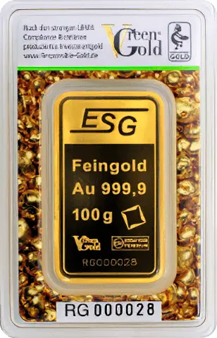 Rückseite Goldbarren Auropelli 100 Gramm, der Hersteller Valcambi / ESG