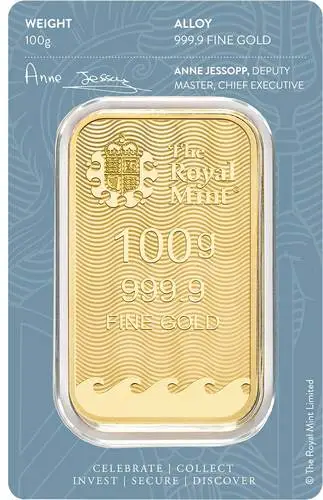 Rückseite Goldbarren Britannia 100 g in spezieller Blisterkarte mit Zertifikat, der Hersteller Royal Mint