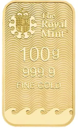 Rückseite Goldbarren Britannia der Hersteller Royal Mint 100 g