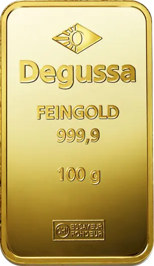 Vorderseite Goldbarren 100 Gramm, der Hersteller Degussa