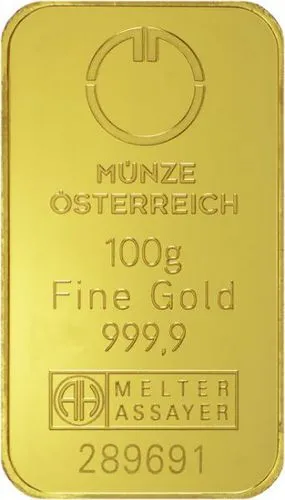 Vorderseite Goldbarren 100 Gramm, der Hersteller Münze Österreich