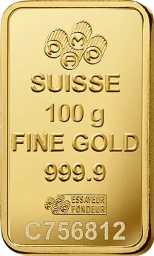 Rückseite Goldbarren Suisse Fortuna 100 Gramm, der Hersteller PAMP