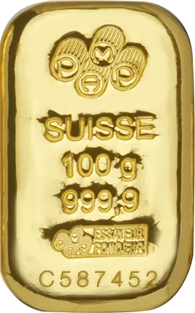 Vorderseite Goldbarren Suisse 100 Gramm in spezieller Blisterkarte mit Zertifikat, der Hersteller PAMP