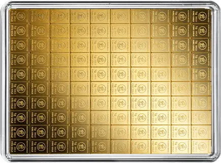 Vorderseite Goldbarren 100x 1 Gramm CombiBar Goldtafel, der Hersteller Heimerle & Meule