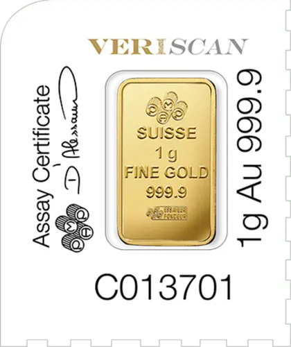 Rückseite 1 Goldbarren von Multigram Goldtafel Suisse Fortuna 12x1 Gramm in spezieller Blisterkarte mit Zertifikat, der Hersteller PAMP