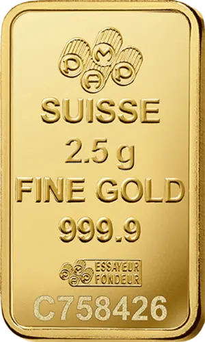 Rückseite Goldbarren Suisse Fortuna 2,5 Gramm, der Hersteller PAMP