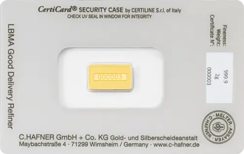 Rückseite Goldbarren 2 Gramm in spezieller Blisterkarte mit Zertifikat, der Hersteller C. Hafner