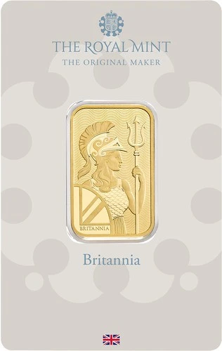 Vorderseite Goldbarren Britannia 20 g in spezieller Blisterkarte mit Zertifikat, der Hersteller Royal Mint