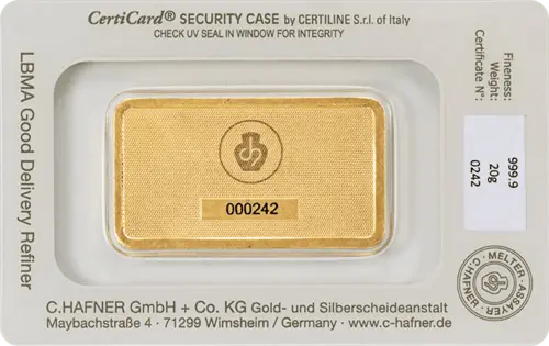 Rückseite Goldbarren 20 Gramm in spezieller Blisterkarte mit Zertifikat, der Hersteller C. Hafner