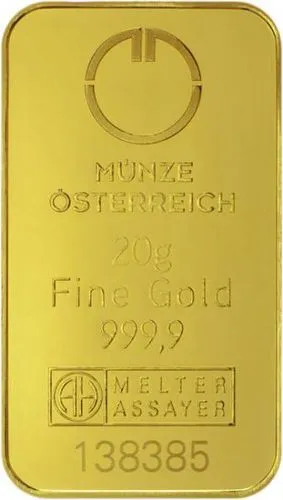 Vorderseite Goldbarren 20 Gramm, der Hersteller Münze Österreich